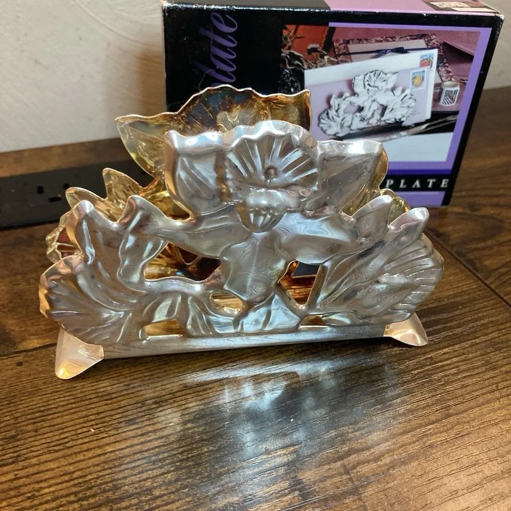 Genuine Silverplate Art Nouveau Floral Letter Holder Napkin Holder Openwork